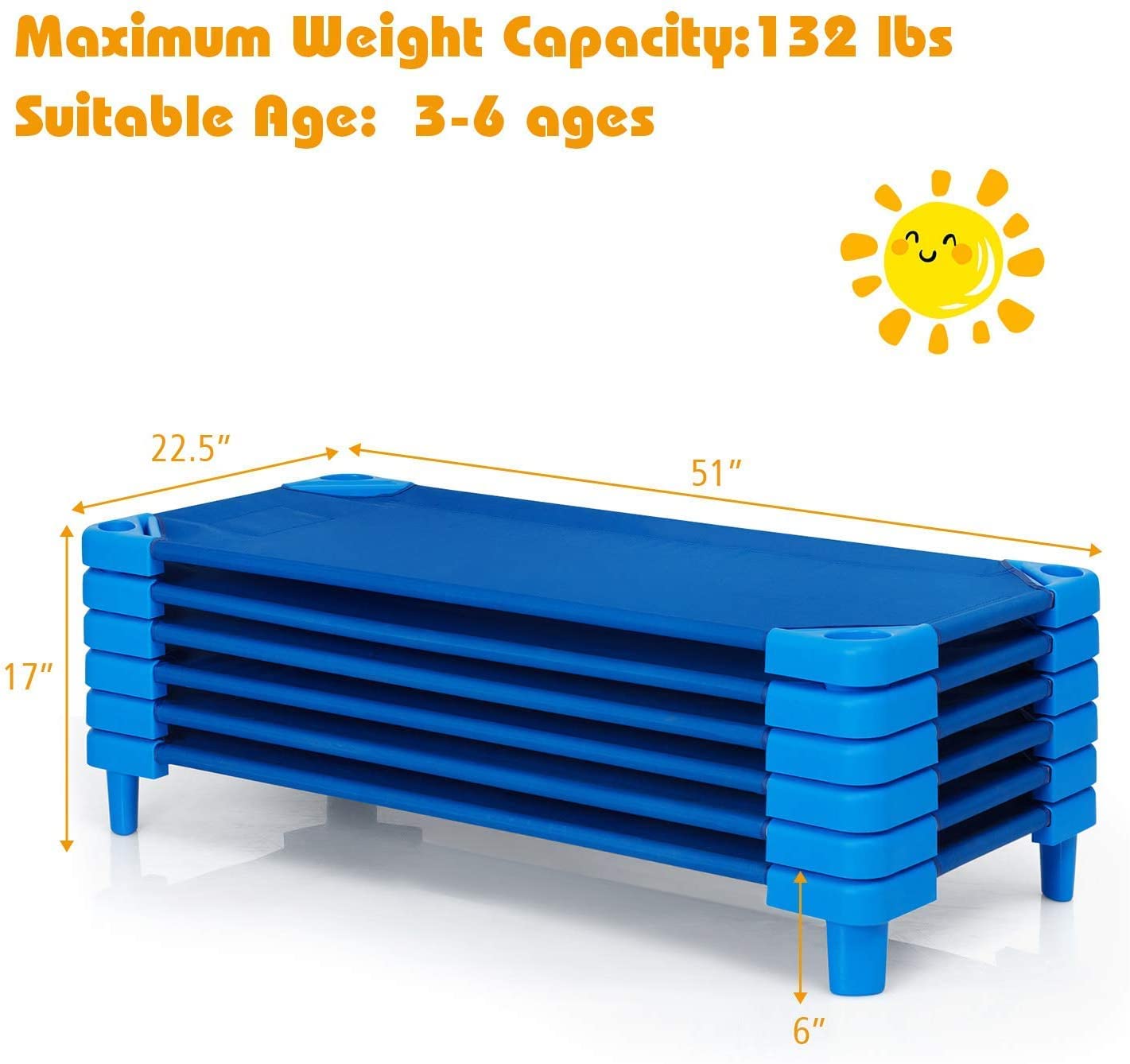 DORTALA Toddler Daycare Cots, Pack of 6, Stackable Sleeping Cots for Kids w/Easy Lift Corners, Children Nap Cots for Nursery, Preschool, Classroom, Naptime, Dark Blue