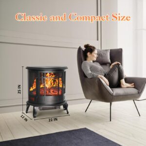 Electric Fireplace Heater, LifePlus 25 Inch Freestanding Fireplace Stove Heater with Realistic Dancing Flame Effect, Thermostat, Overheating Protection, Curved Door for Indoor Use, 1500W