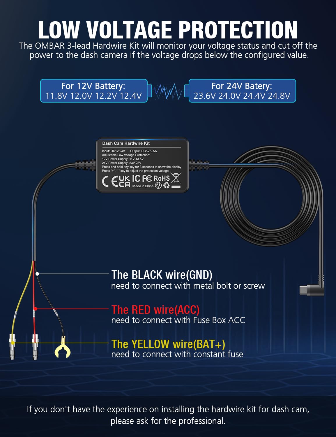 OMBAR Dash Cam Hardwire Kit, 11.5ft Type-C Hard Wire Kit Fuse for Dashcam, 12V-24V to 5V Car Dash Camera Charger Power Cord, Low Voltage Protection, Enable Parking Mode for DC100, M570/571/572