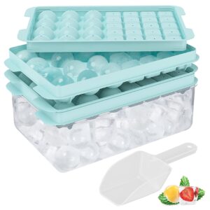 korlon ice trays for freezer with lid and bin, 64 pcs ice cube trays, round ice cube molds & square container for making cocktail whiskey tea & coffee