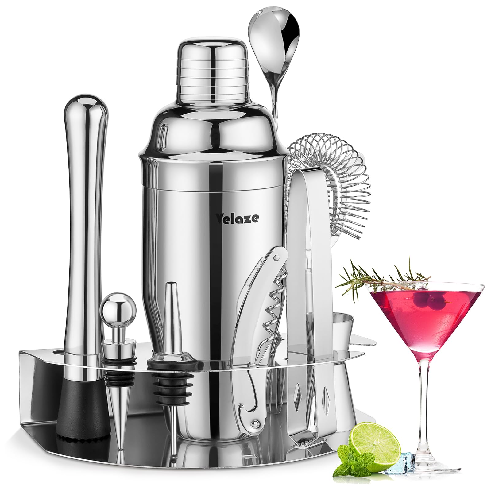 Velaze Cocktail Shaker Set,10 Pieces Stainless Steel Bar Tools - Bottle Opener, Pour Spouts,Measuring Jigger and Wine Stopper, Champagne Martini Shaker Sets (Blue)