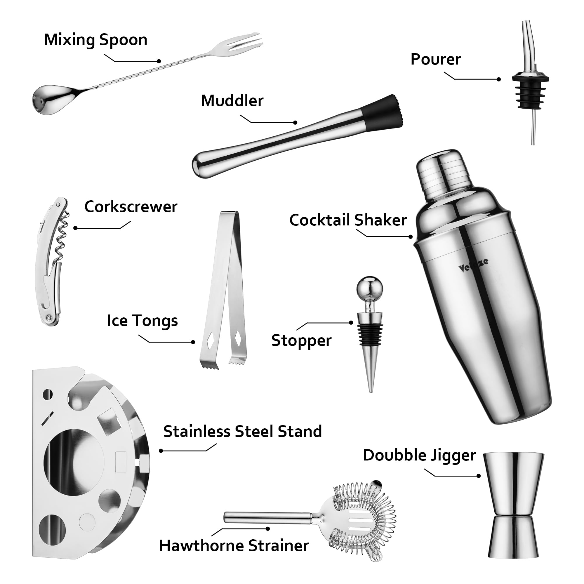 Velaze Cocktail Shaker Set,10 Pieces Stainless Steel Bar Tools - Bottle Opener, Pour Spouts,Measuring Jigger and Wine Stopper, Champagne Martini Shaker Sets (Blue)