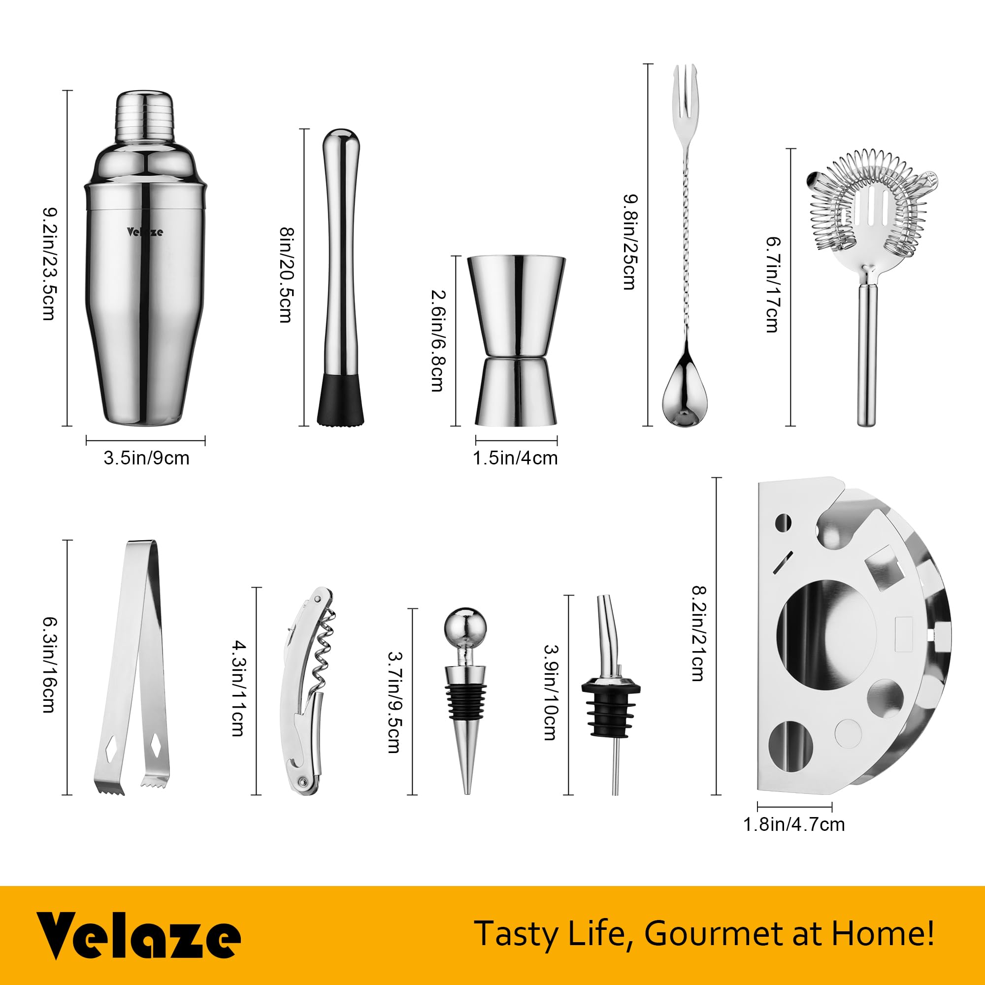 Velaze Cocktail Shaker Set,10 Pieces Stainless Steel Bar Tools - Bottle Opener, Pour Spouts,Measuring Jigger and Wine Stopper, Champagne Martini Shaker Sets (Blue)