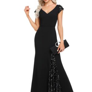 Ever-Pretty Women's Elegant Sequins Short Sleeve V Neck Long Maxi Formal Dresses Black US6