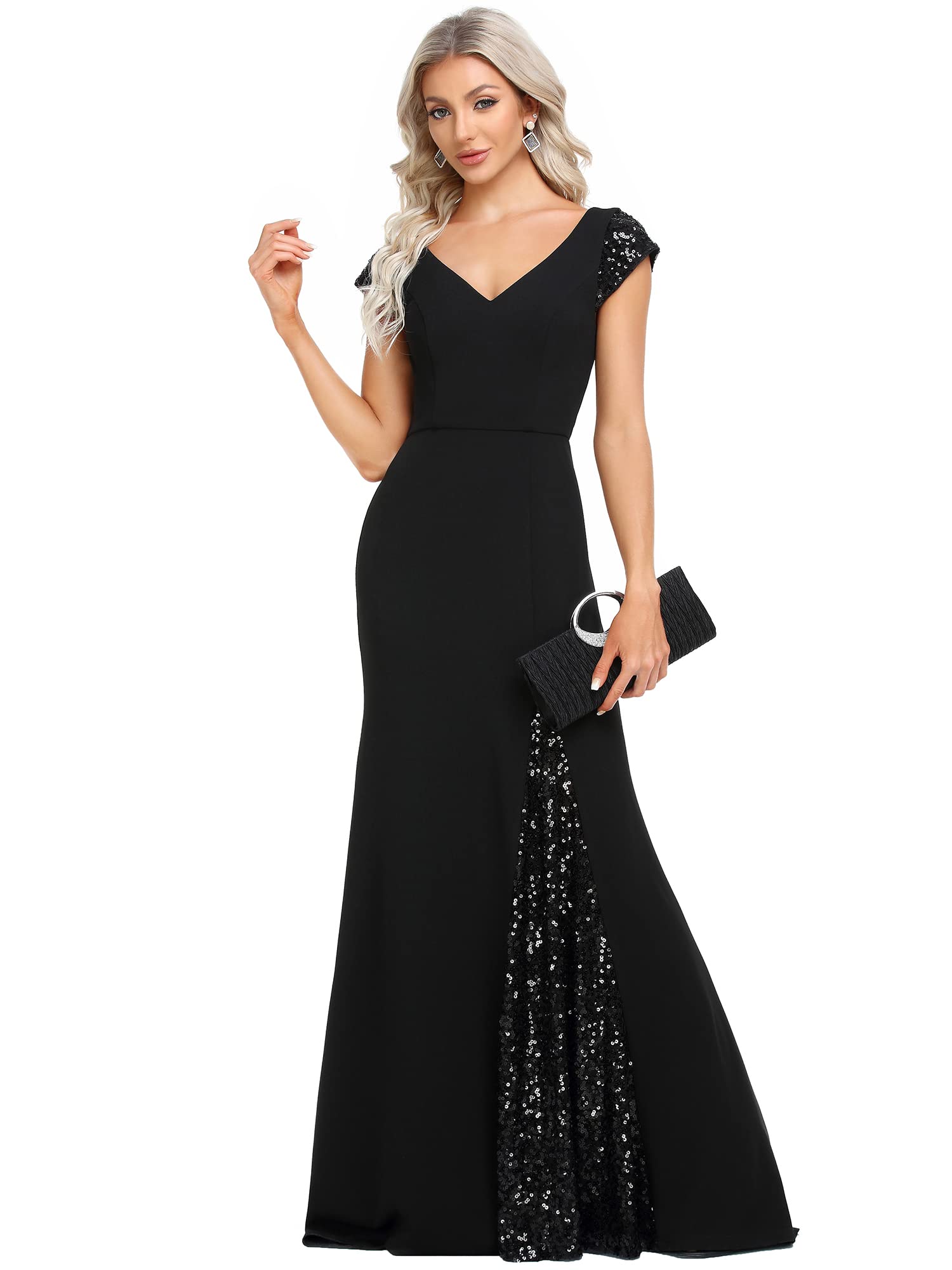 Ever-Pretty Women's Elegant Sequins Short Sleeve V Neck Long Maxi Formal Dresses Black US6