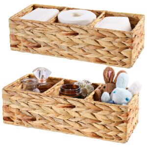 vagusicc 3-section wicker baskets for shelves, hand-woven water hyacinth wicker storage basket, toilet paper basket for toilet tank top, baskets for organizing, 2-pack