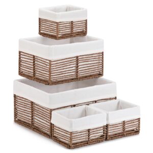 vagusicc wicker storage basket, hand-woven paper rope wicker baskets, rectangular small wicker baskets for organizing, cube storage bins for closet/clothes/dresser, brown, 5-pack