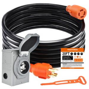 finderomend 30 amp generator cord and 30 amp generator inlet box kit, 20ft pre-drilled nema l14-30p to l14-30r power extension cord and 125v/250v 7500w twist lock cord plug for outdoor use,etl listed