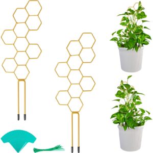 growneer 2 pcs 14" small plant trellis for climbing plant, honeycomb metal potted trellis with 20 pcs cable ties, 15 pcs plant labels, plant support for flower stem vines, golden