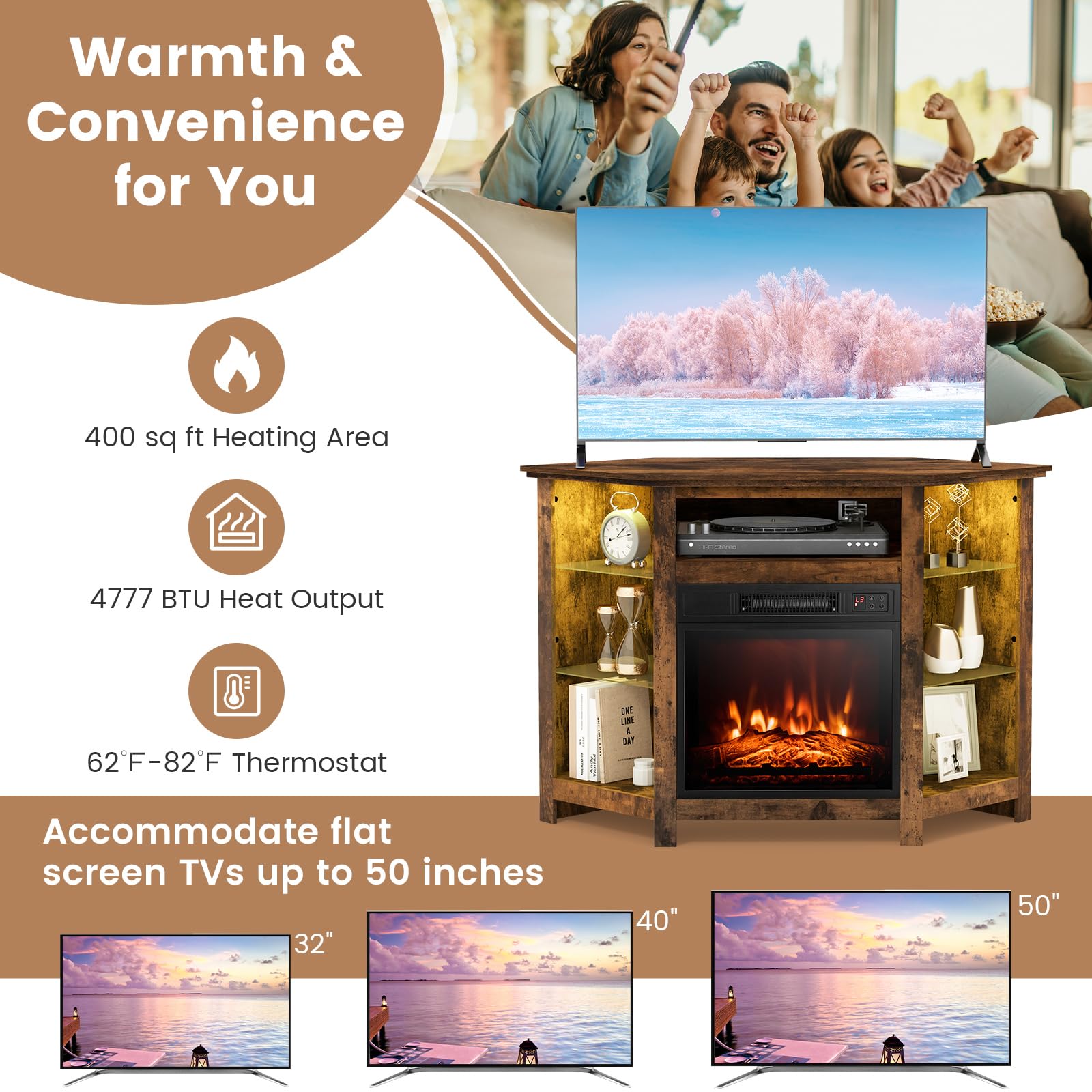 Tangkula 45 Inches TV Stand with Fireplace Insert, Electric Fireplace Entertainment Center with Adjustable Shelves, 3 Brightness, Overheat Protection, Fit TVs up to 50 Inches (Rustic Brown)