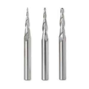routybits - 3 pcs tapered ball nose router bit set - 1/32”, 1/16”, 1/8” tip diameter, 1/4 inch dia shank, solid carbide, spiral end mills for 3d cnc carving of wood, plastic, soft metal