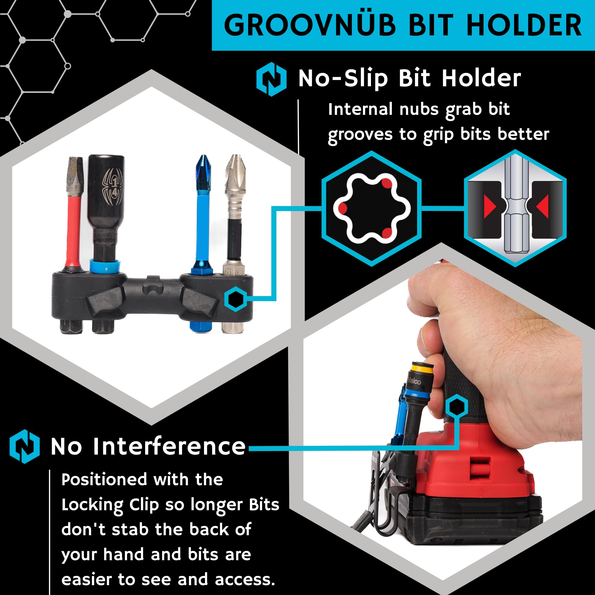 NÖHLSTER Locking Tool Clip for Cordless Drill, Impact Driver, Finish Nailer, Cordless Tools - No Holster Needed - Bit Holder Included