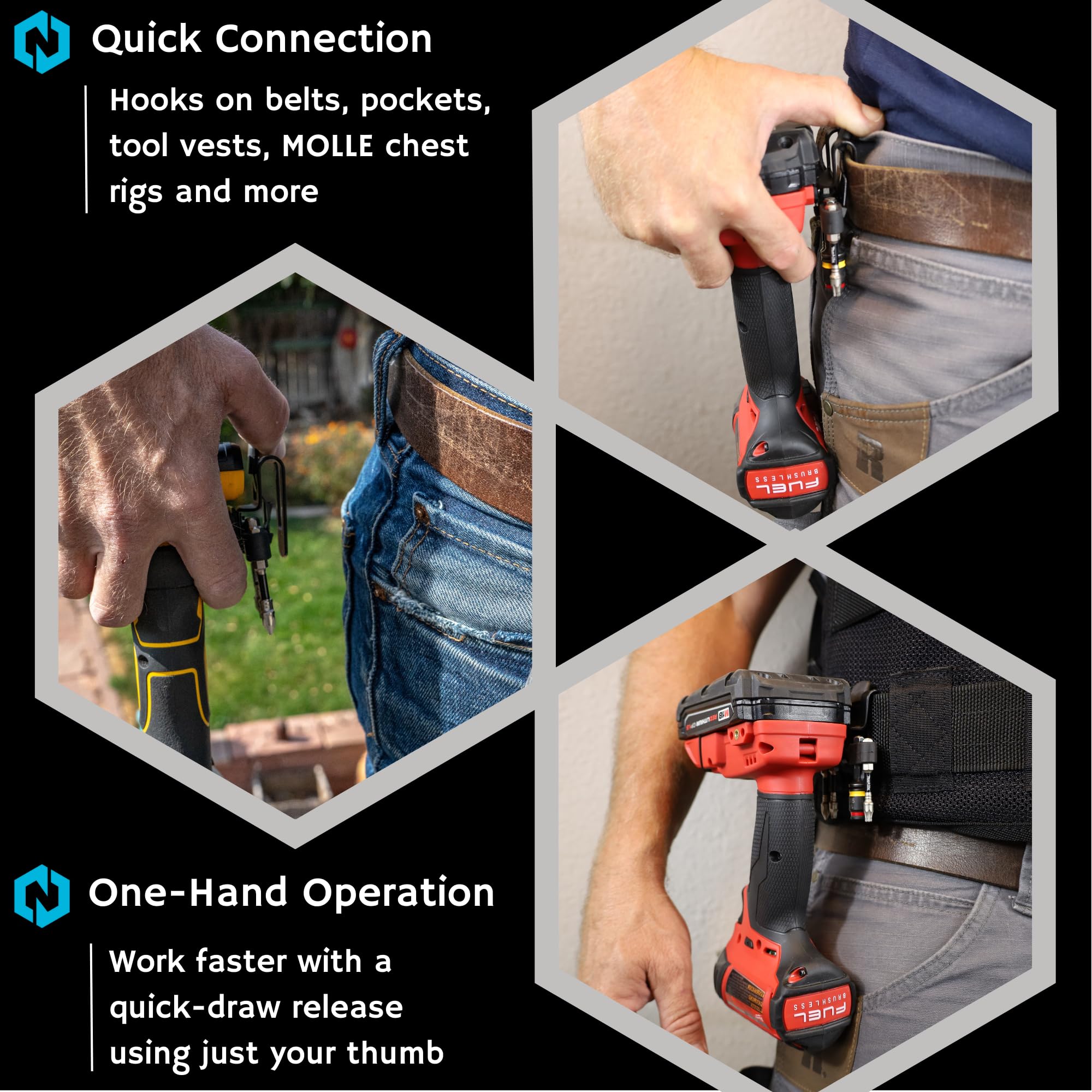 NÖHLSTER Locking Tool Clip for Cordless Drill, Impact Driver, Finish Nailer, Cordless Tools - No Holster Needed - Bit Holder Included