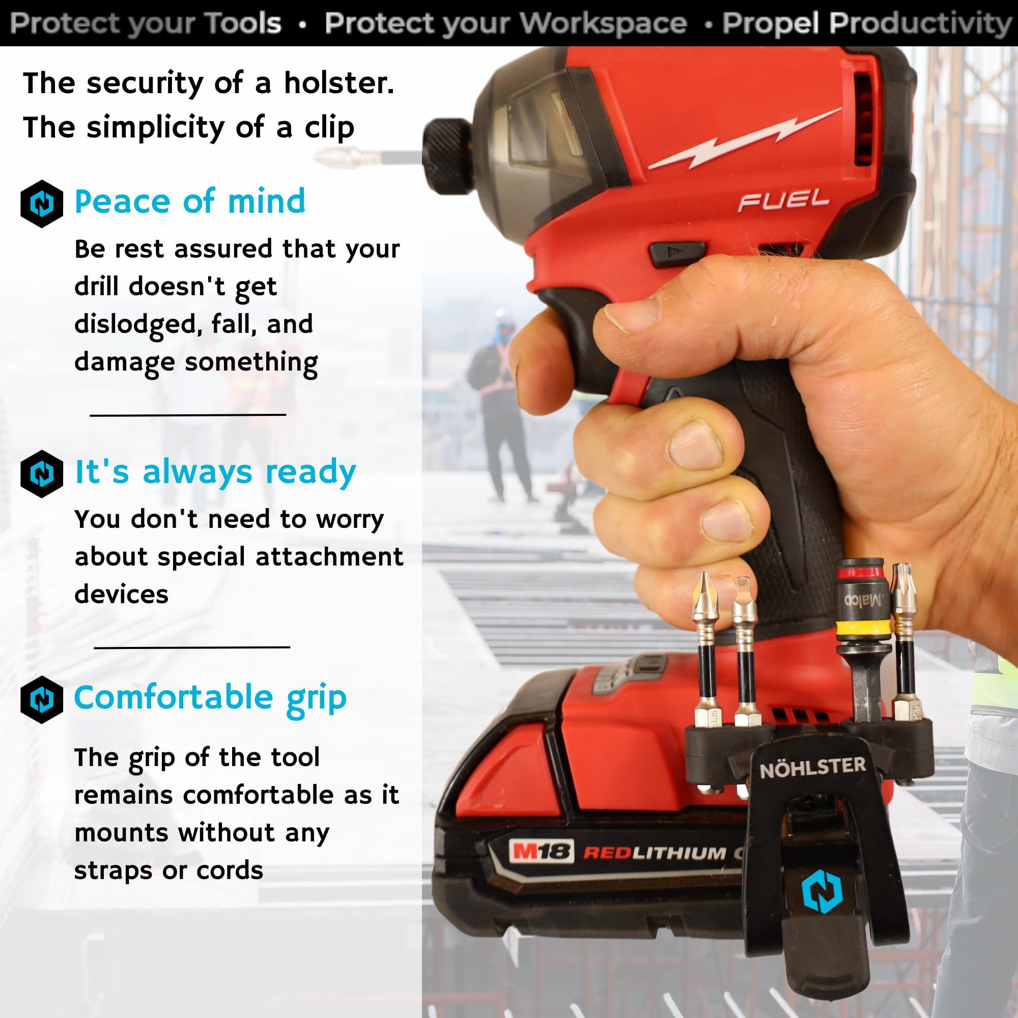 NÖHLSTER Locking Tool Clip for Cordless Drill, Impact Driver, Finish Nailer, Cordless Tools - No Holster Needed - Bit Holder Included