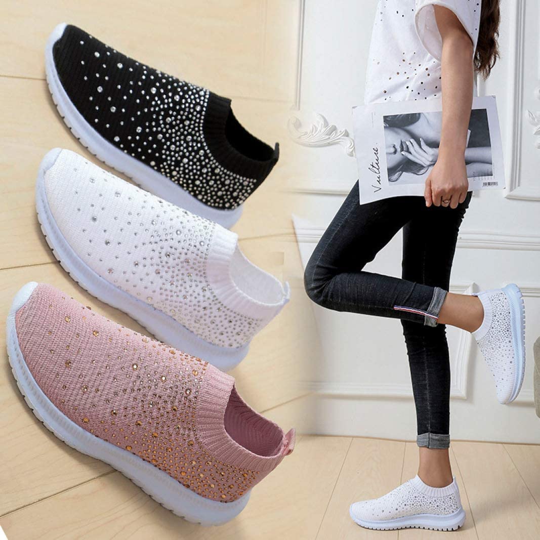 HINDOLA Women's Mesh Walking Shoes Rhinestone Glitter Slip On Ballroom Jazz Latin Dance Sock Sneakers Casual Shoes Black