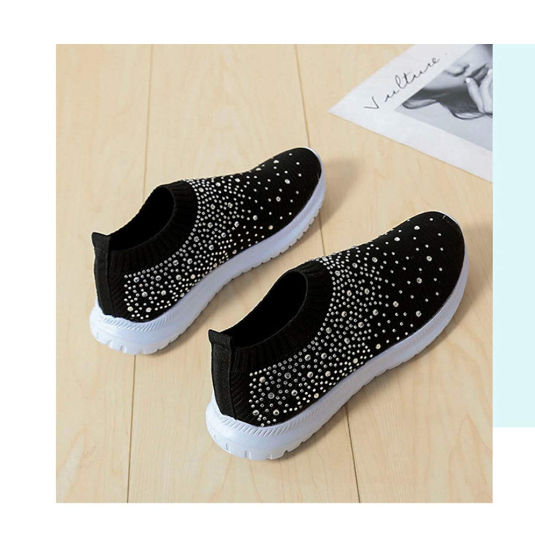 HINDOLA Women's Mesh Walking Shoes Rhinestone Glitter Slip On Ballroom Jazz Latin Dance Sock Sneakers Casual Shoes Black