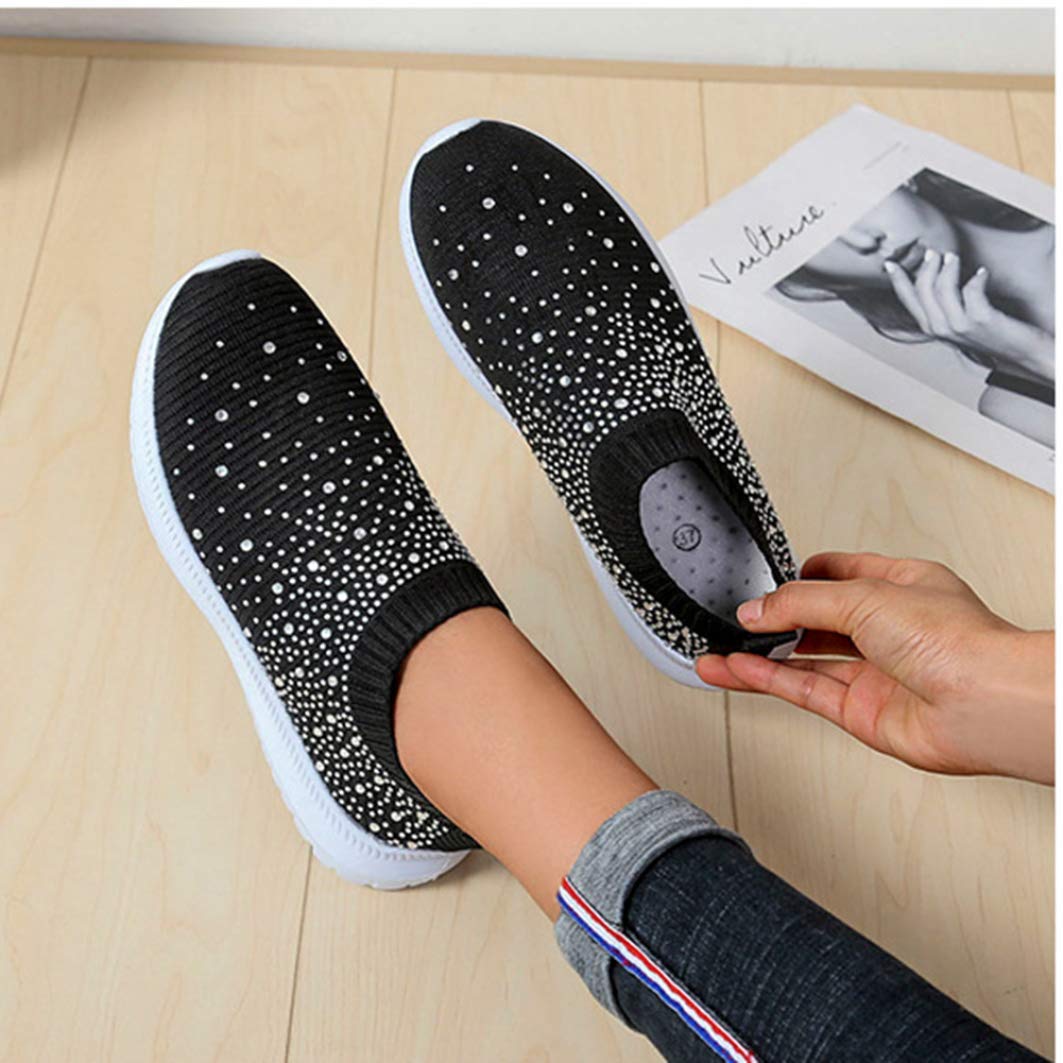 HINDOLA Women's Mesh Walking Shoes Rhinestone Glitter Slip On Ballroom Jazz Latin Dance Sock Sneakers Casual Shoes Black