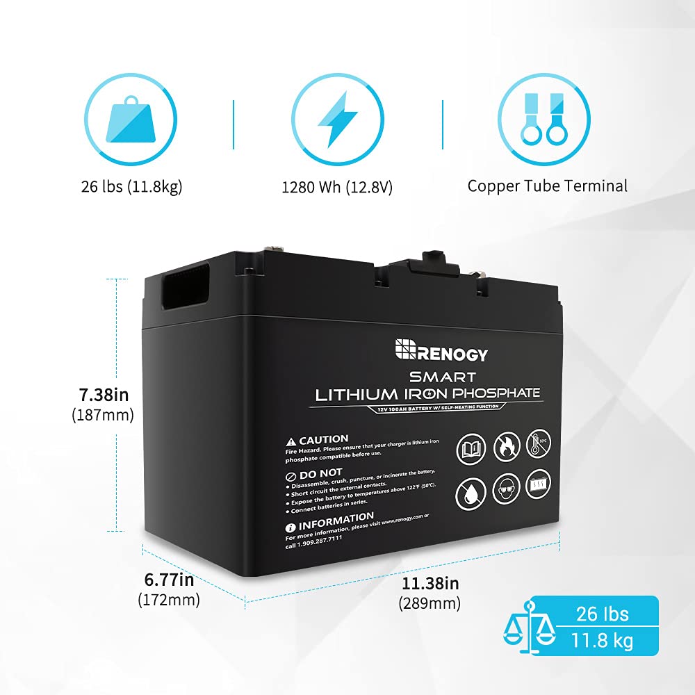 Renogy 2 Pack Smart Lithium-Iron Phosphate Battery 12V 100Ah w/Self-Heating Function for RV, Solar, Marine, and Off-Grid Applications