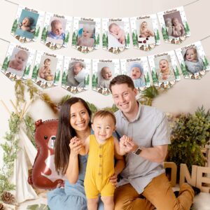 One Happy Camper Photo Banner for Boys Girls 1st Forest Safari Camping Theme Birthday Party Decorations Photo Banner from Newborn to 12 Months Adventure Camping Annual Milestone Photo Banner Supplies