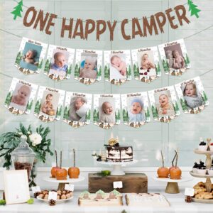 One Happy Camper Photo Banner for Boys Girls 1st Forest Safari Camping Theme Birthday Party Decorations Photo Banner from Newborn to 12 Months Adventure Camping Annual Milestone Photo Banner Supplies