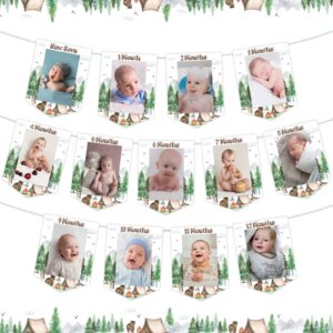 One Happy Camper Photo Banner for Boys Girls 1st Forest Safari Camping Theme Birthday Party Decorations Photo Banner from Newborn to 12 Months Adventure Camping Annual Milestone Photo Banner Supplies