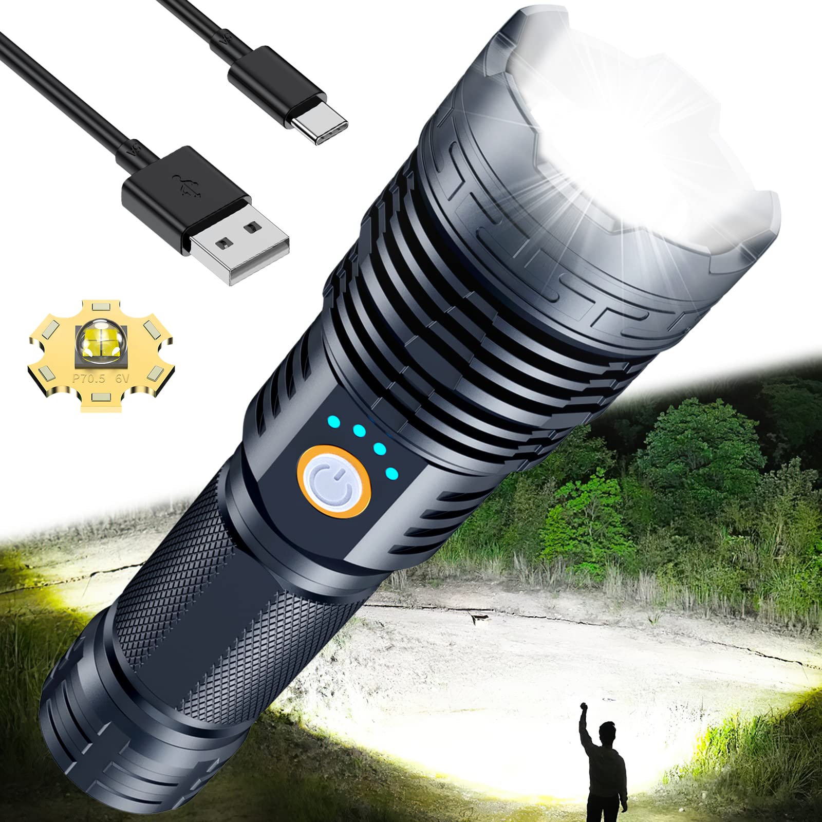 TUXUMAZ 9000 Lumens Rechargeable LED Flashlight, Waterproof, 5 Modes, 12.45Oz, Black