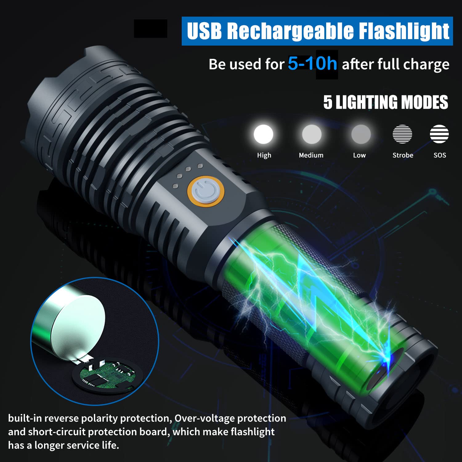 TUXUMAZ 9000 Lumens Rechargeable LED Flashlight, Waterproof, 5 Modes, 12.45Oz, Black