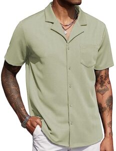 coofandy men's short sleeve button down shirt wrinkle free untucked dress shirts summer beach fitted cuban shirt green
