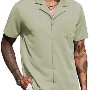 COOFANDY Men's Short Sleeve Button Down Shirt Wrinkle Free Untucked Dress Shirts Summer Beach Fitted Cuban Shirt Green