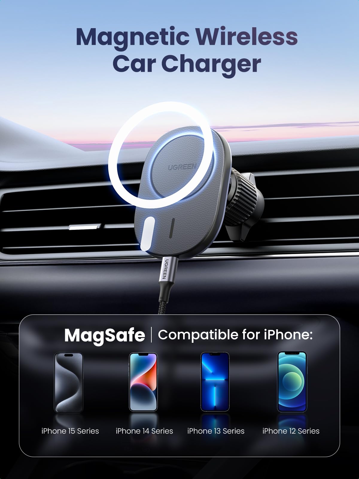 UGREEN Magnetic Wireless Car Charger Mount, Compatible with iPhone 15/14/13/12 Series Car Mount, Built-in 18 N52 Magnets, 11N Strong Magnets, Car Magnetic Phone Mount Charger