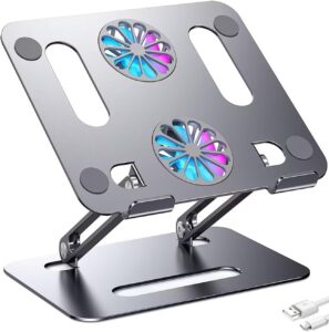 yicosun laptop stand with fan cooling | foldable holder for 12" 14" 15" 16" tablet macbook & pro, mac, surface | powerful laptop cooler stand for working, gaming, dj | grey aluminum breathable tray