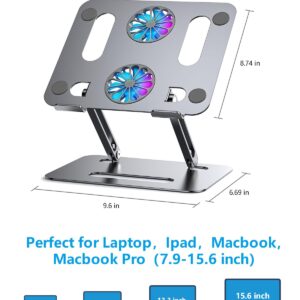 YICOSUN Laptop Stand with Fan Cooling | Foldable Holder for 12" 14" 15" 16" Tablet MacBook & Pro, Mac, Surface | Powerful Laptop Cooler Stand for Working, Gaming, Dj | Grey Aluminum Breathable Tray