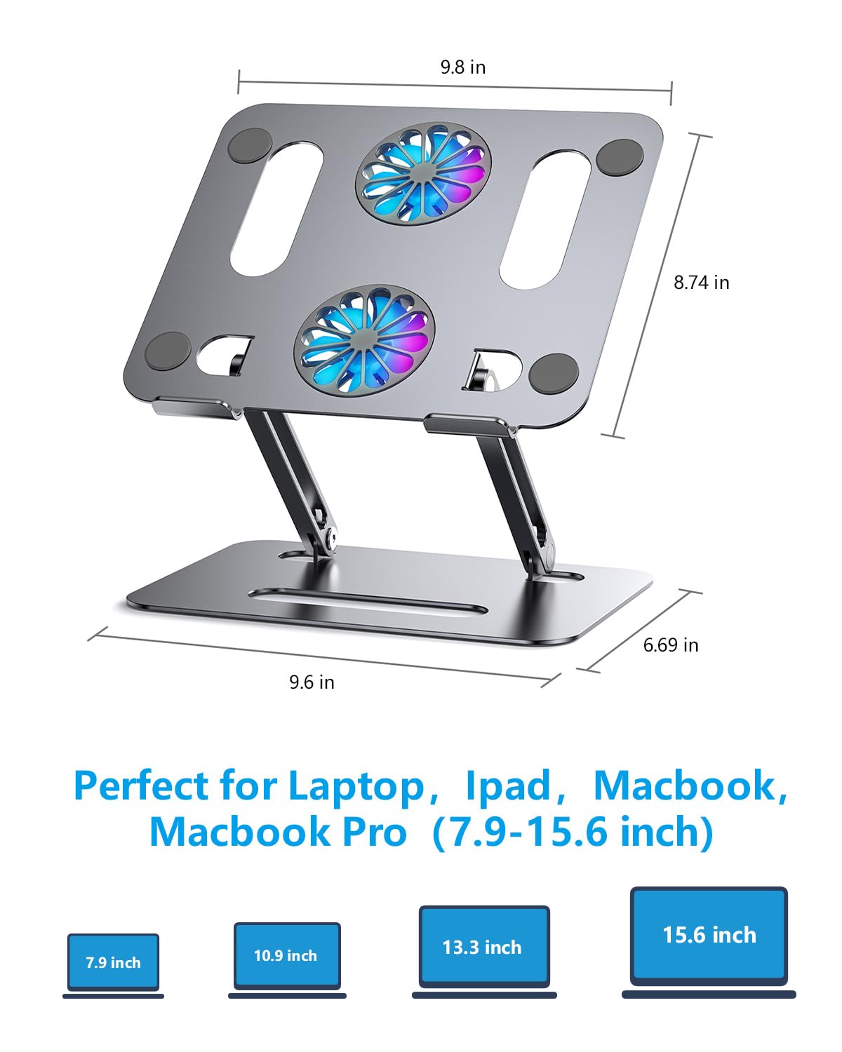 YICOSUN Laptop Stand with Fan Cooling | Foldable Holder for 12" 14" 15" 16" Tablet MacBook & Pro, Mac, Surface | Powerful Laptop Cooler Stand for Working, Gaming, Dj | Grey Aluminum Breathable Tray