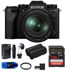 fujifilm x-t5 mirrorless digital camera with xf 16-80mm f/4 r ois wr lens bundle, includes: sandisk 128gb extreme pro sdxc memory card, spare fujifilm np-w235 battery + more