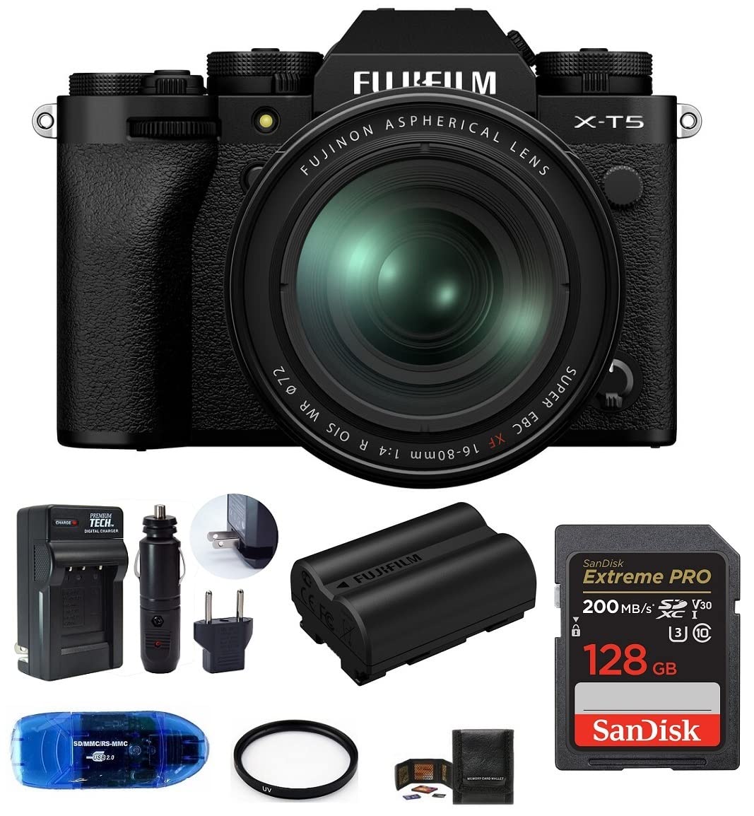 Fujifilm X-T5 Mirrorless Digital Camera with XF 16-80mm f/4 R OIS WR Lens Bundle, Includes: SanDisk 128GB Extreme PRO SDXC Memory Card, Spare Fujifilm NP-W235 Battery + More