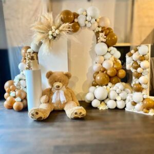 DataMoon Teddy Bear Baby Shower Party Decorations - Wood Grain Boxes with Baby Letters, 90PCS Nude and Brown Balloons, Boho Backdrop “We Can Bearly Wait” for Baby Shower, Gender Reveal,Birthday Party