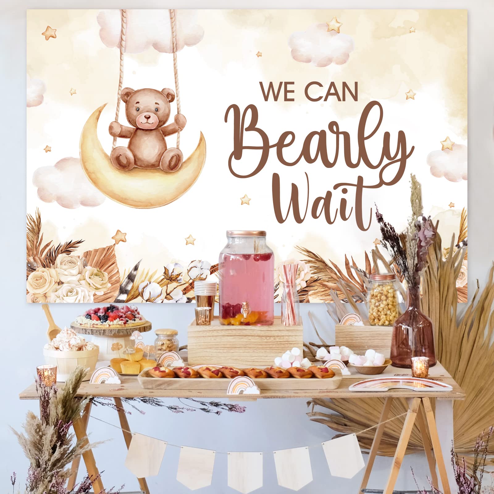 DataMoon Teddy Bear Baby Shower Party Decorations - Wood Grain Boxes with Baby Letters, 90PCS Nude and Brown Balloons, Boho Backdrop “We Can Bearly Wait” for Baby Shower, Gender Reveal,Birthday Party