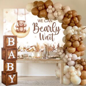 DataMoon Teddy Bear Baby Shower Party Decorations - Wood Grain Boxes with Baby Letters, 90PCS Nude and Brown Balloons, Boho Backdrop “We Can Bearly Wait” for Baby Shower, Gender Reveal,Birthday Party