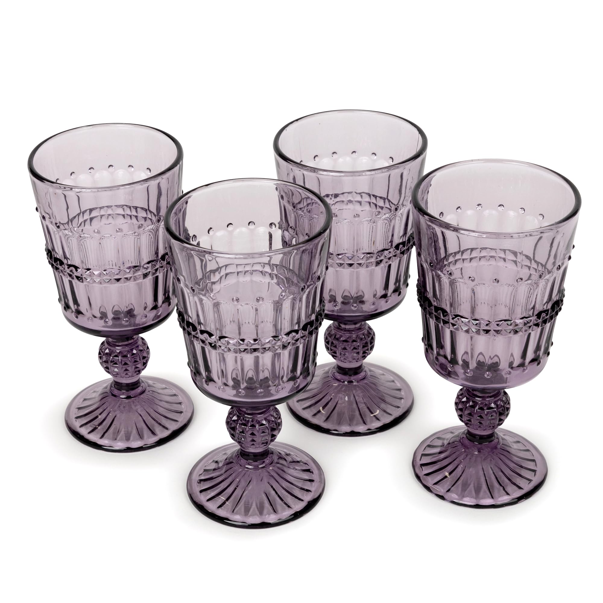 American Atelier Vintage Purple Beaded Glasses | Set of 4 | Water Tumblers | Barware Glasses | Wine Goblets | Colored Vintage Style Glassware | Embossed Design | Dishwasher Safe (Wine Glasses, Purple)