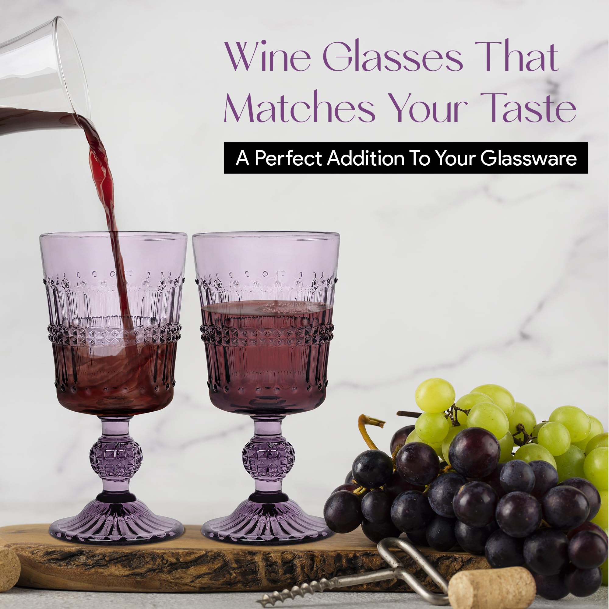American Atelier Vintage Purple Beaded Glasses | Set of 4 | Water Tumblers | Barware Glasses | Wine Goblets | Colored Vintage Style Glassware | Embossed Design | Dishwasher Safe (Wine Glasses, Purple)