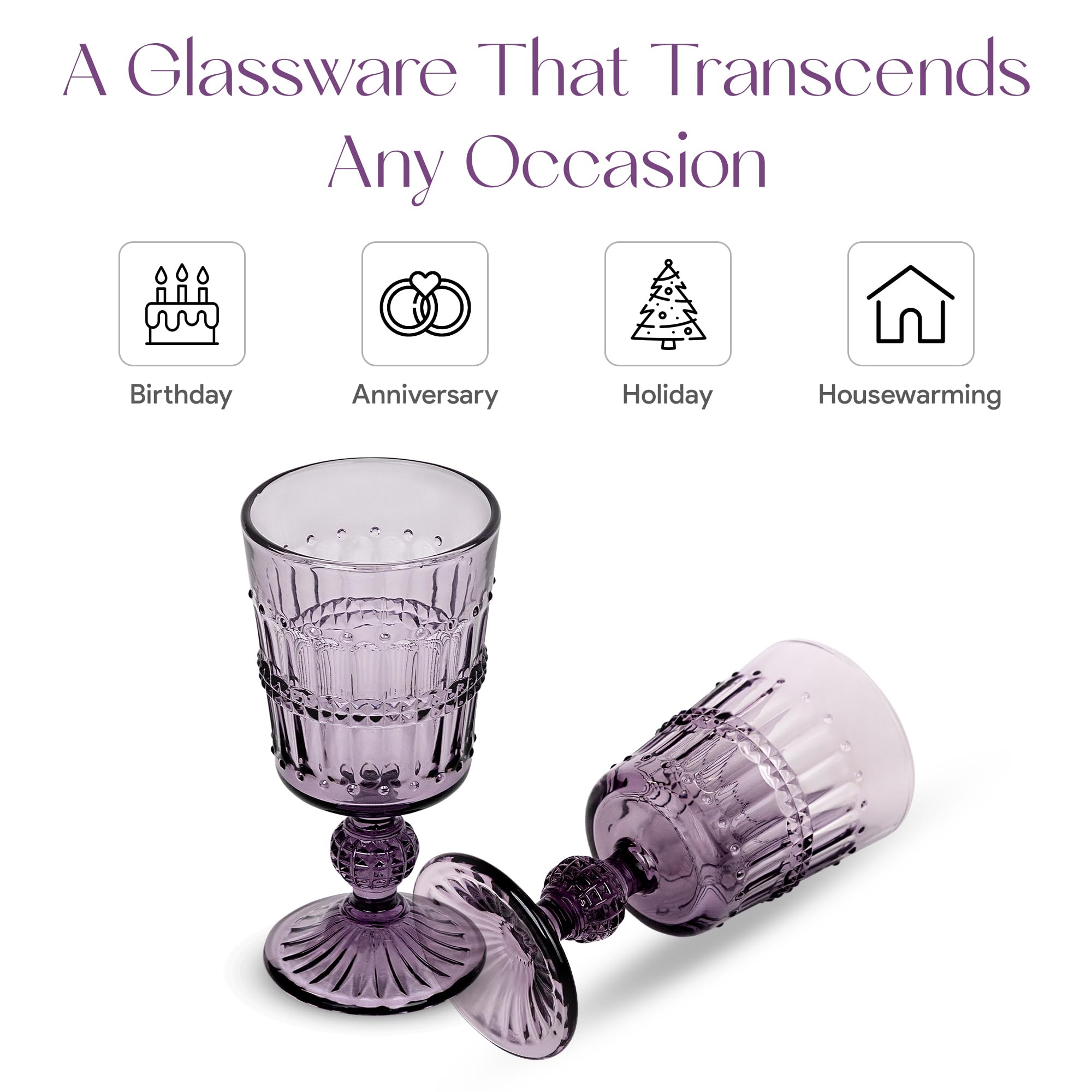 American Atelier Vintage Purple Beaded Glasses | Set of 4 | Water Tumblers | Barware Glasses | Wine Goblets | Colored Vintage Style Glassware | Embossed Design | Dishwasher Safe (Wine Glasses, Purple)