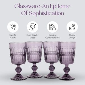 American Atelier Vintage Purple Beaded Glasses | Set of 4 | Water Tumblers | Barware Glasses | Wine Goblets | Colored Vintage Style Glassware | Embossed Design | Dishwasher Safe (Wine Glasses, Purple)