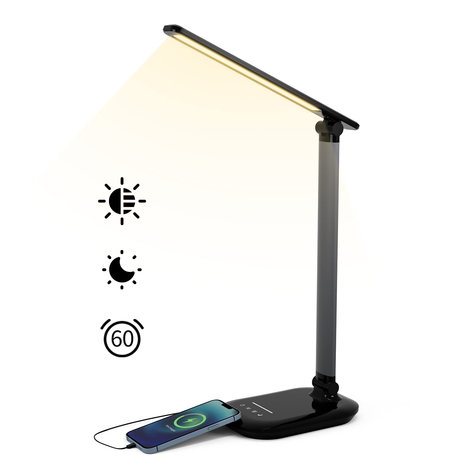 Taodaliy LED Desk Lamp, Table Lamp Reading Lamp with USB Charging Port, Desk Lamps for Home Office with 5 Color Temperature, 5 Brightness Levels, 1H Timer, Night Light, Desk Light for Bedroom