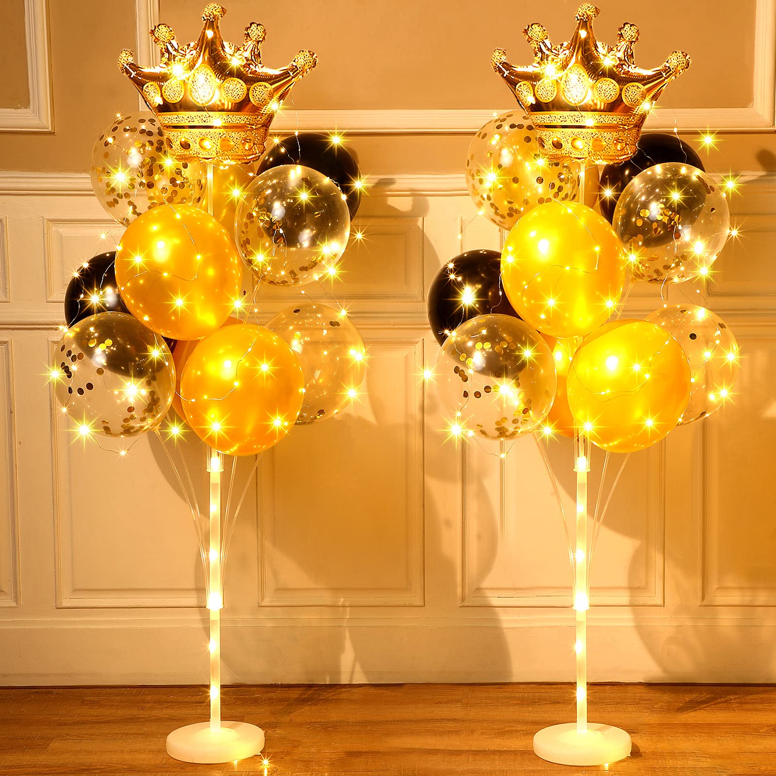 Sosation 2 Set Floor Crown Balloon Stand Kit Includes LED String Lights 42 Balloons 44 Balloon Sticks 26 Balloon Cups Gold Balloon Column Backdrop Decoration for Birthday Graduation Baby Shower Party