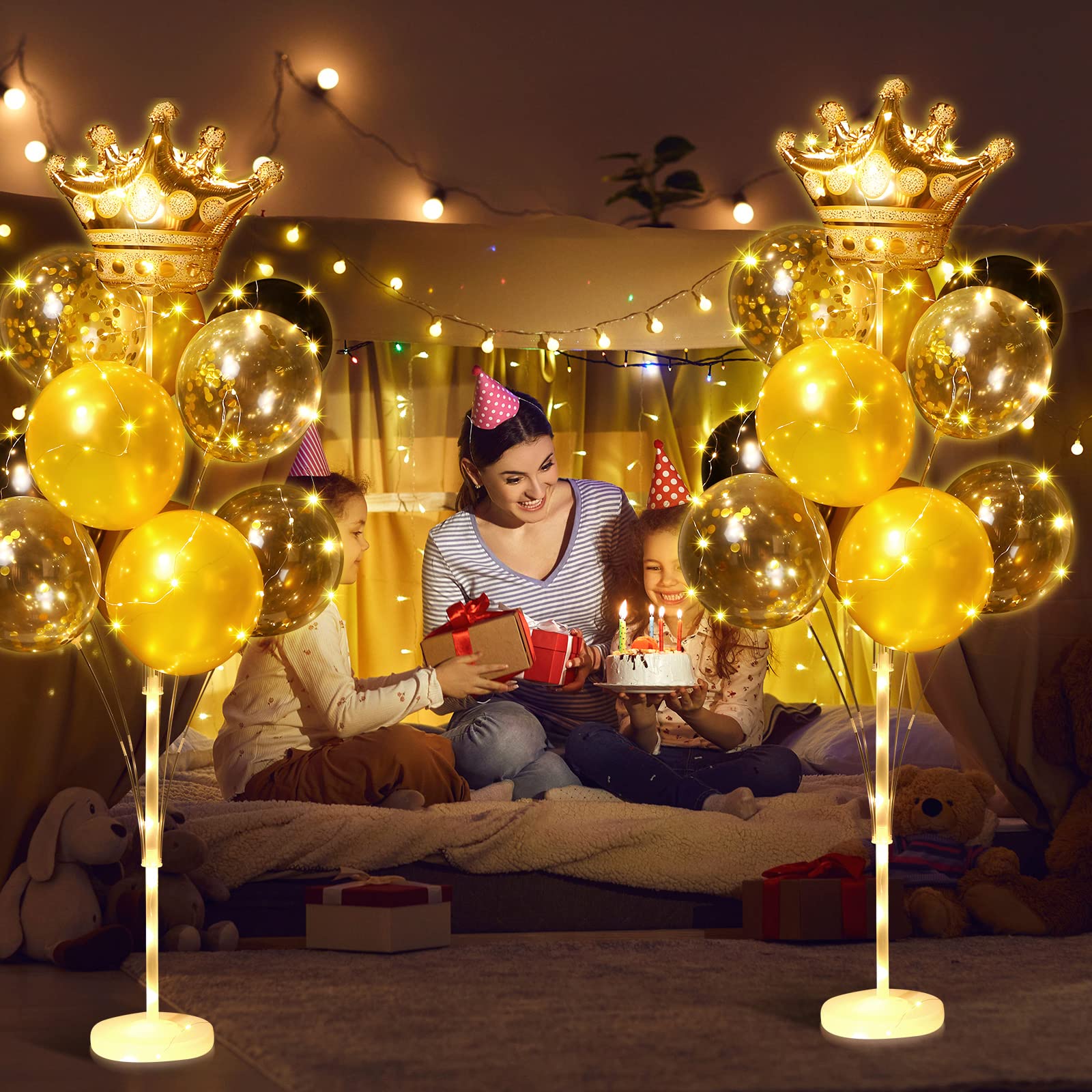 Sosation 2 Set Floor Crown Balloon Stand Kit Includes LED String Lights 42 Balloons 44 Balloon Sticks 26 Balloon Cups Gold Balloon Column Backdrop Decoration for Birthday Graduation Baby Shower Party