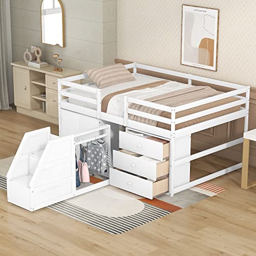 MOEO Full Size Functional Loft Bed with Cabinet, 3 Drawers and Hanging Clothes at The Back of The Staircase, Wooden Bedframe w/Movable Wheels, Maximum Space Design for Kids Bedroom, White