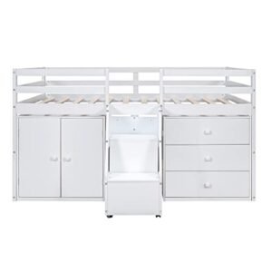 MOEO Full Size Functional Loft Bed with Cabinet, 3 Drawers and Hanging Clothes at The Back of The Staircase, Wooden Bedframe w/Movable Wheels, Maximum Space Design for Kids Bedroom, White