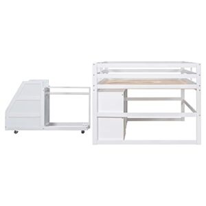 MOEO Full Size Functional Loft Bed with Cabinet, 3 Drawers and Hanging Clothes at The Back of The Staircase, Wooden Bedframe w/Movable Wheels, Maximum Space Design for Kids Bedroom, White