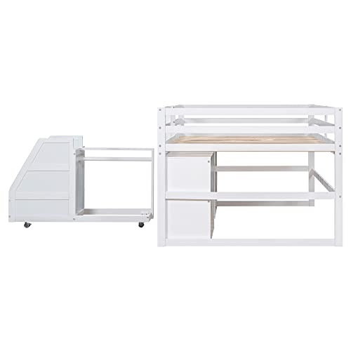 MOEO Full Size Functional Loft Bed with Cabinet, 3 Drawers and Hanging Clothes at The Back of The Staircase, Wooden Bedframe w/Movable Wheels, Maximum Space Design for Kids Bedroom, White