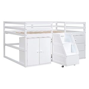 MOEO Full Size Functional Loft Bed with Cabinet, 3 Drawers and Hanging Clothes at The Back of The Staircase, Wooden Bedframe w/Movable Wheels, Maximum Space Design for Kids Bedroom, White